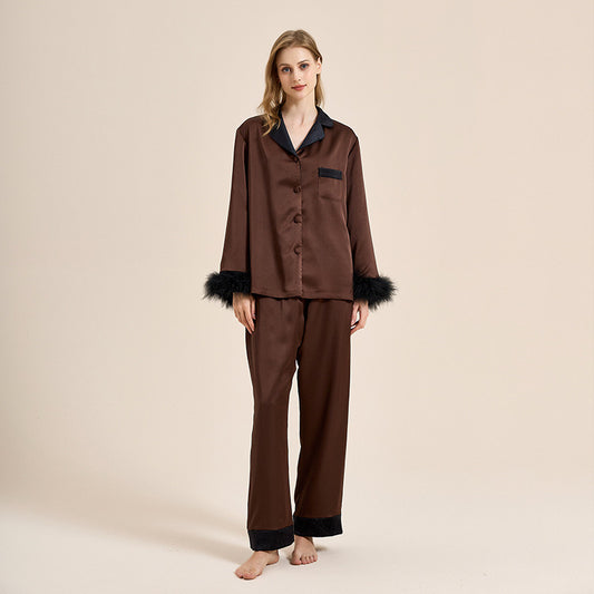 Cozy Fleece Loungewear Set for Winter with Detachable Feather Trim