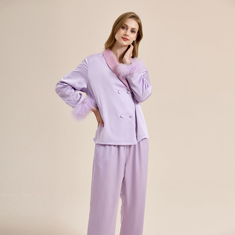 Feather pajamas high-end plus velvet, thickening double-breasted lapel home wear