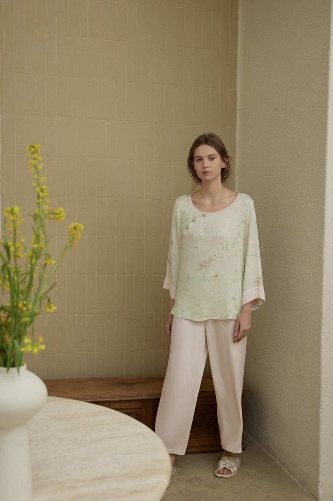 Cheongsam-Style Rayon Sateen Pajama Set