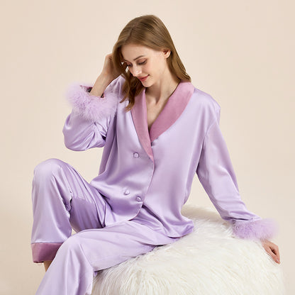 Feather pajamas high-end plus velvet, thickening double-breasted lapel home wear