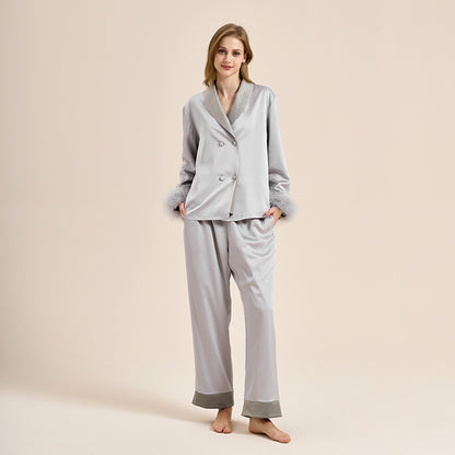 Feather pajamas high-end plus velvet, thickening double-breasted lapel home wear