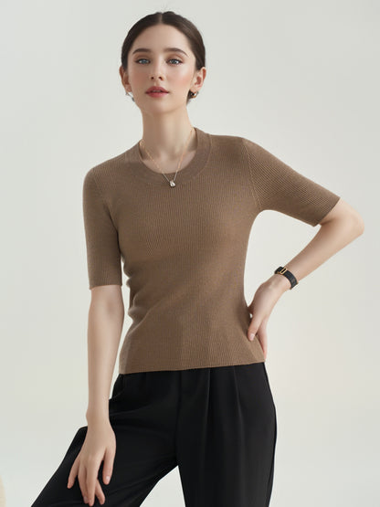 100% Pure Wool Women’s Short-Sleeve Crew Neck Knitted Sweater - Seamless Design 003