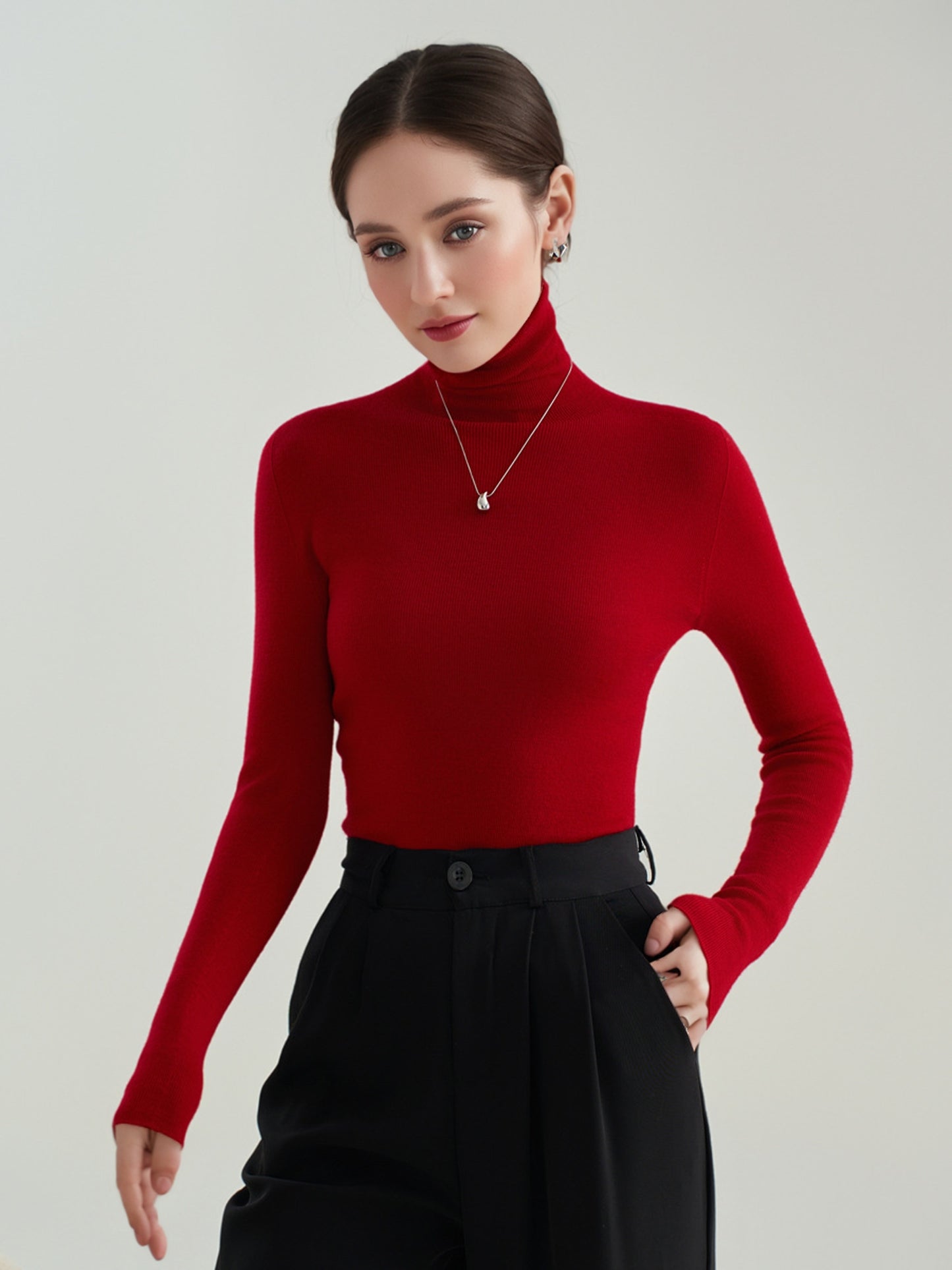 100% Wool Seamless Yangzi Yarn Slim Fit Knit Sweater with Draped Turtleneck007