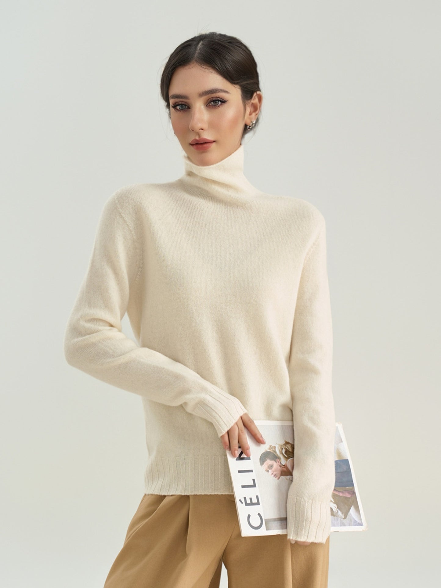 Loose-Fit Pure Wool Lightweight Soft Top with Draped Turtleneck 013