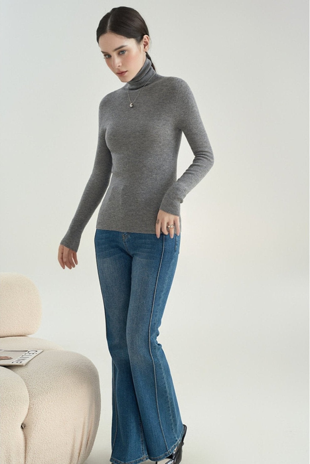 New Draped Turtleneck Lightweight Fine Wool Sweater 015