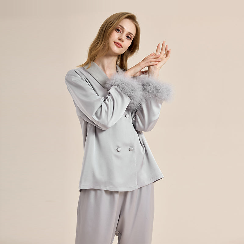 Feather pajamas high-end plus velvet, thickening double-breasted lapel home wear