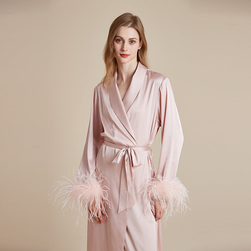 Satin and silky delicate feather cuff patchwork robe