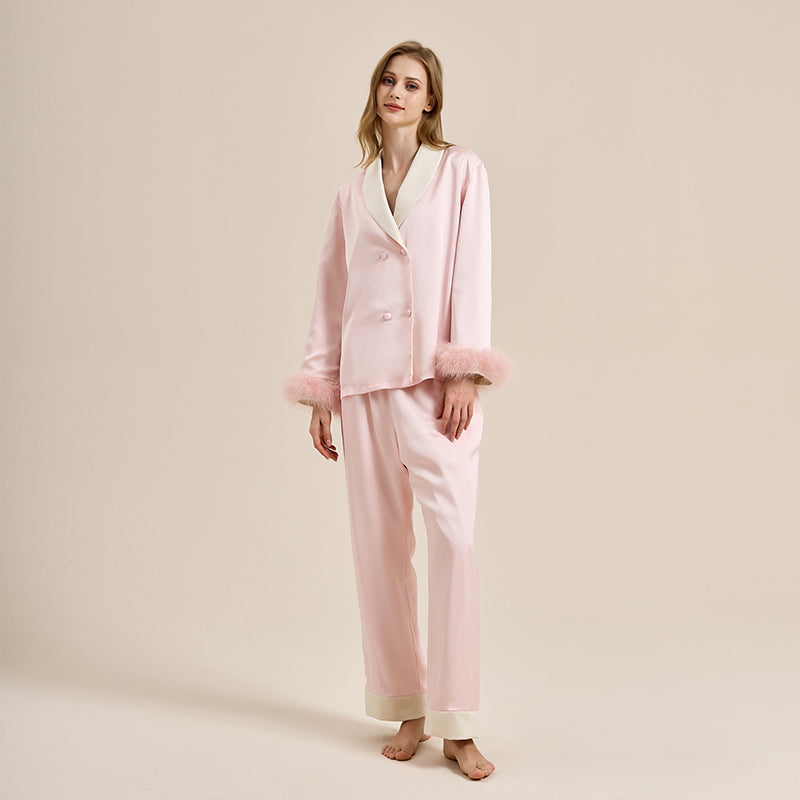 Feather pajamas high-end plus velvet, thickening double-breasted lapel home wear