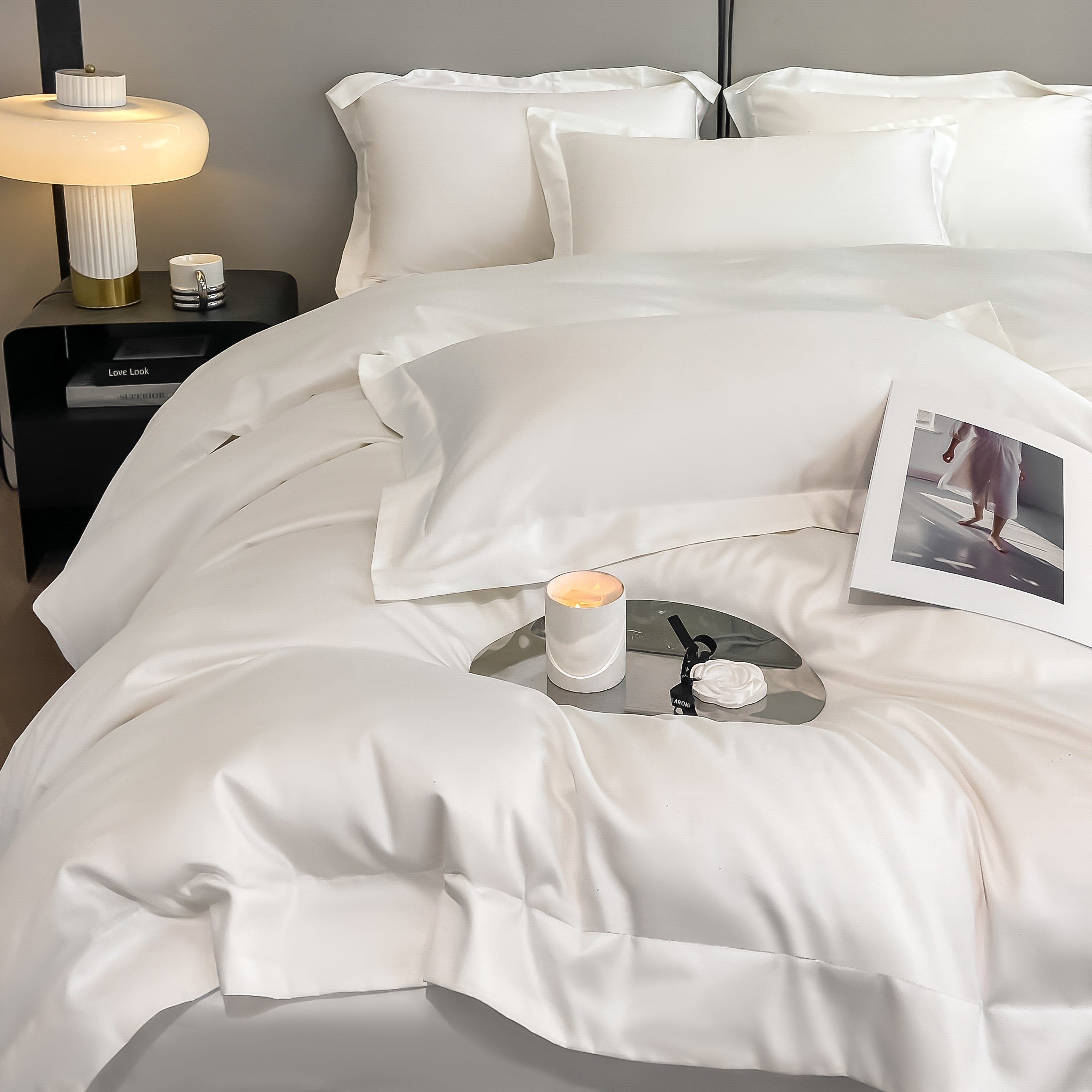 Luxurious and high-end 100-count long-staple cotton four-piece set of pure cotton high-quality bed sheets and quilt covers for sleeping naked——16 White