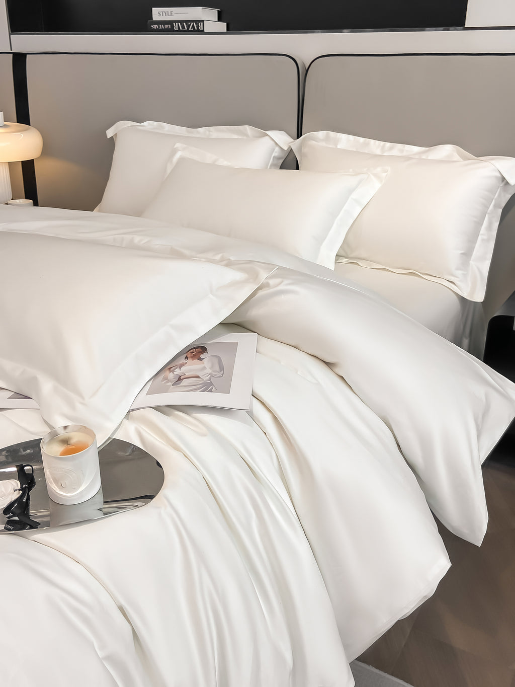 Luxurious and high-end 100-count long-staple cotton four-piece set of pure cotton high-quality bed sheets and quilt covers for sleeping naked——16 White