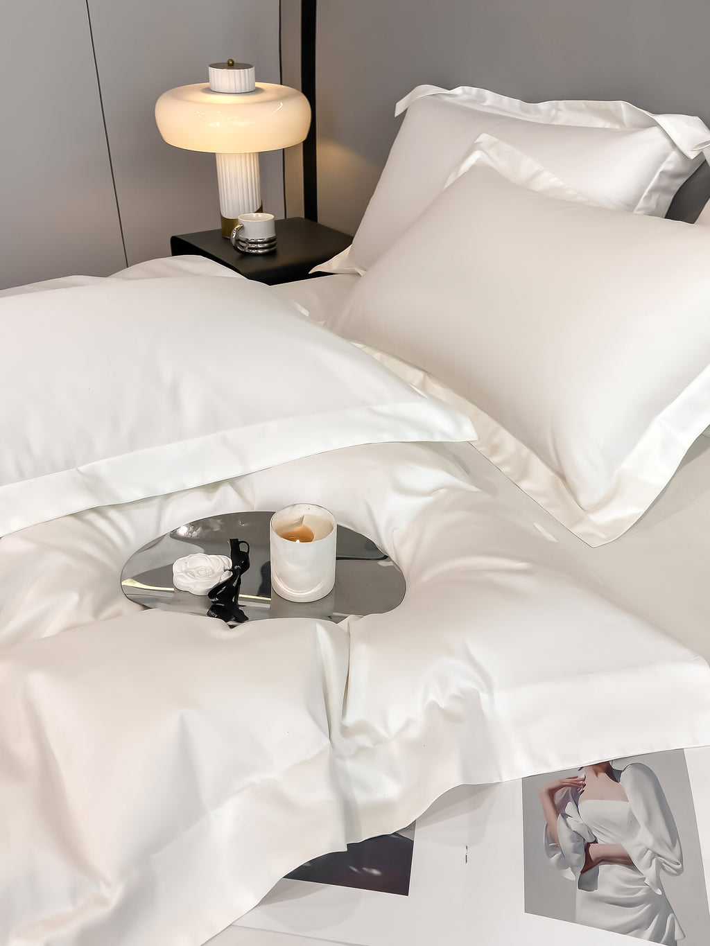 Luxurious and high-end 100-count long-staple cotton four-piece set of pure cotton high-quality bed sheets and quilt covers for sleeping naked——16 White