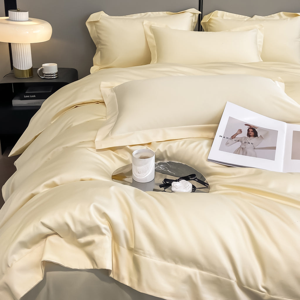 Luxurious and high-end 100-count long-staple cotton four-piece set of pure cotton high-quality bed sheets and quilt covers for sleeping naked——15 cheese yellow
