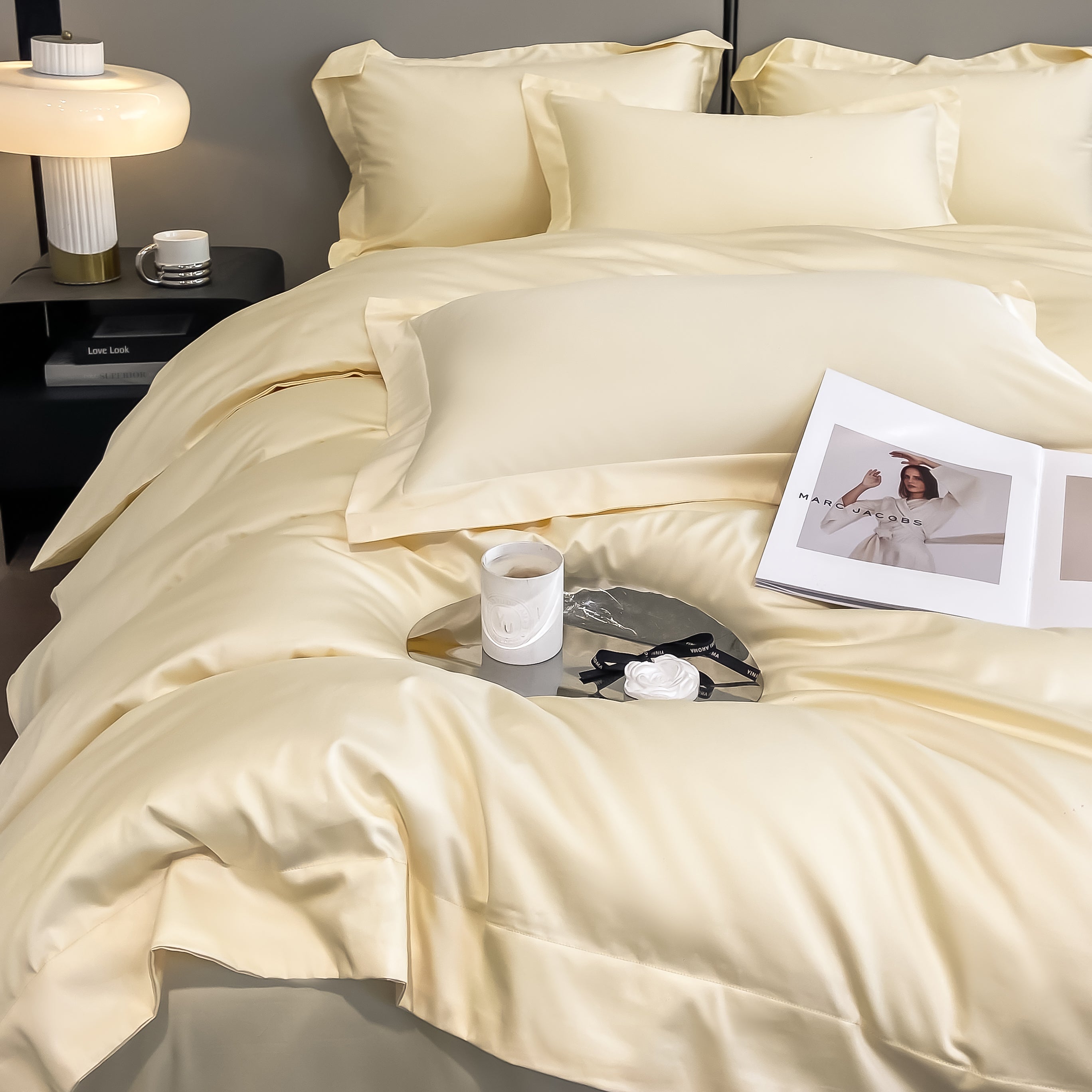 Luxurious and high-end 100-count long-staple cotton four-piece set of pure cotton high-quality bed sheets and quilt covers for sleeping naked——15 cheese yellow