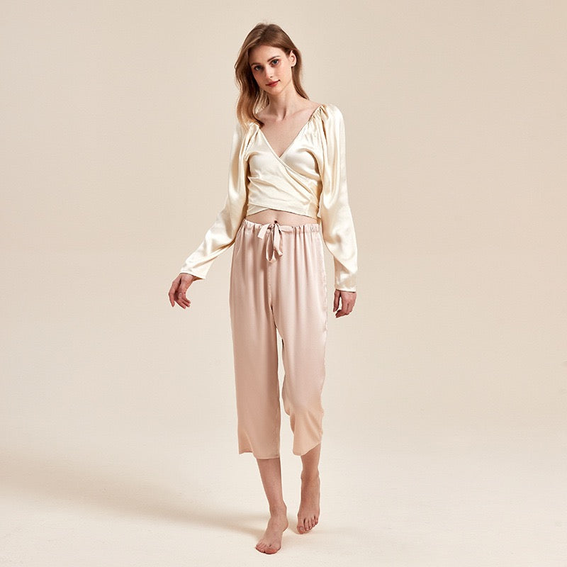 French chic top 2025 new V-neck long-sleeve tie-waist short style high-end satin blouse women's autumn top