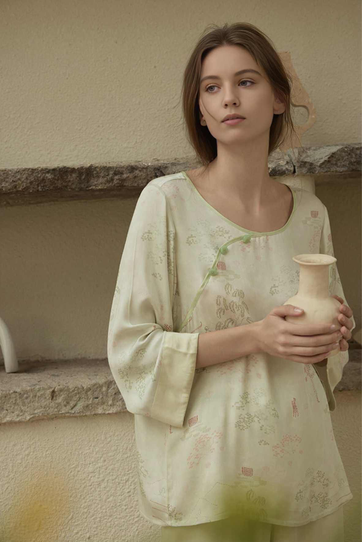 Cheongsam-Style Rayon Sateen Pajama Set