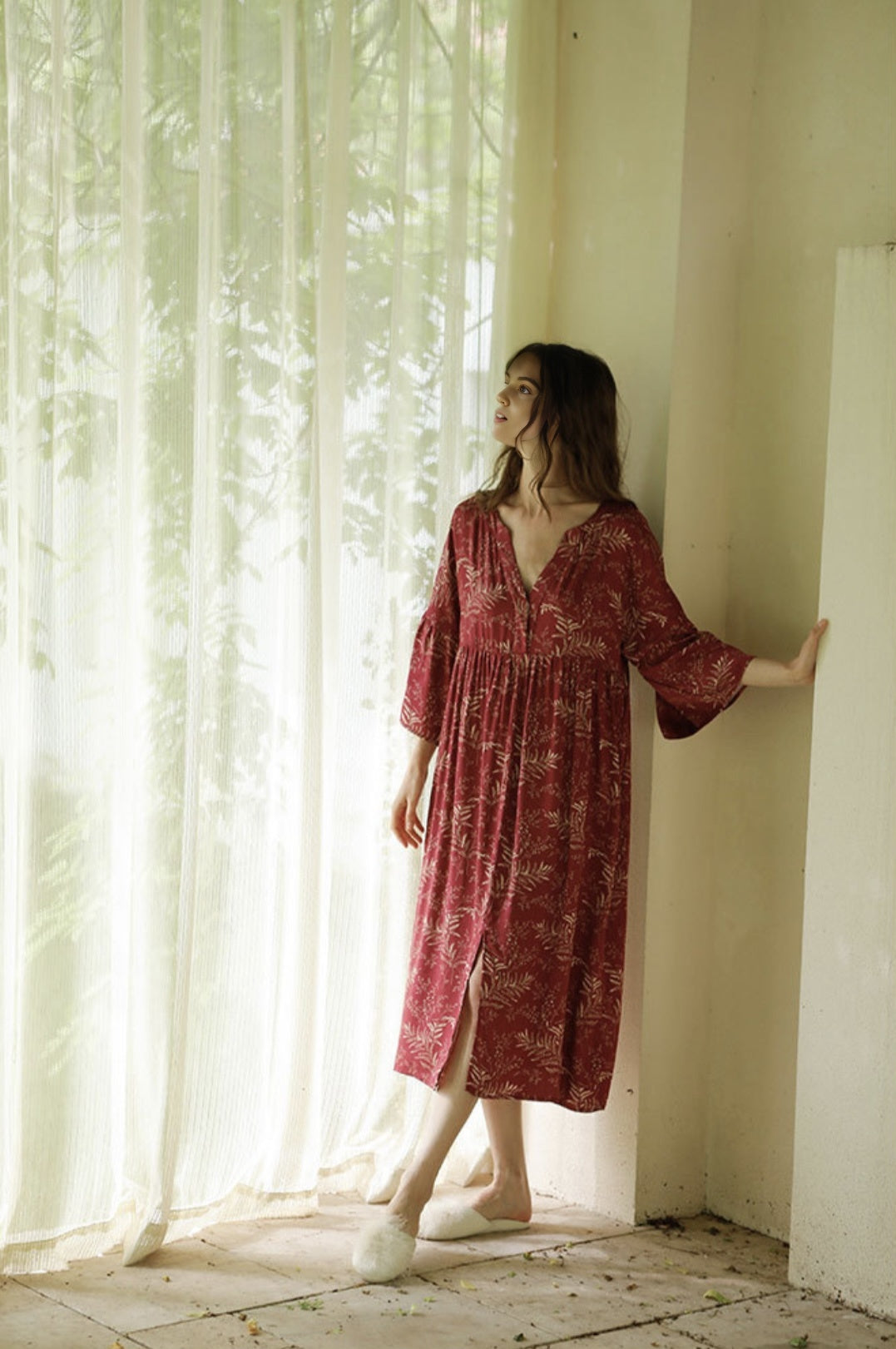 Rayon Sateen Maple Leaf Print Maxi Nightgown