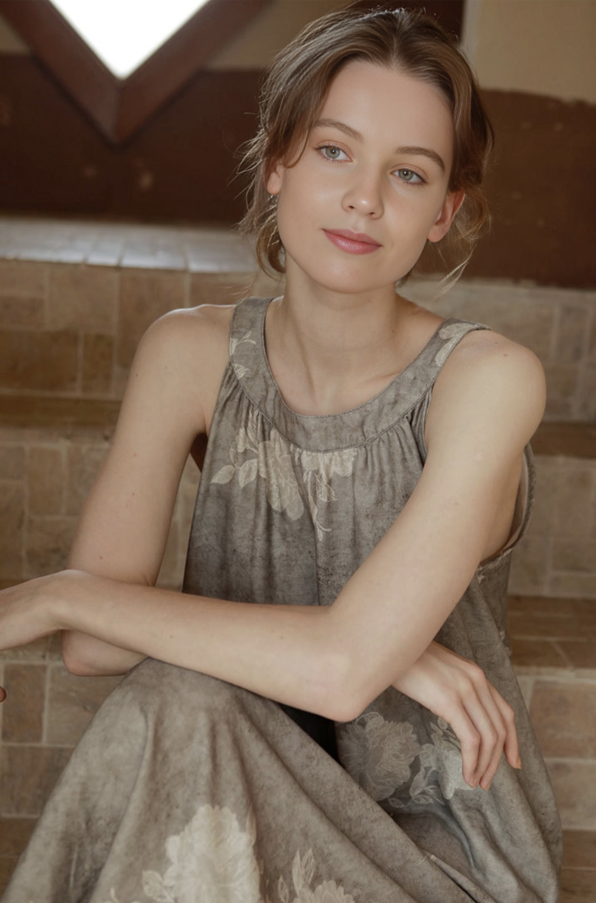 Double-Layer Cotton Gauze Print Midi Nightdress