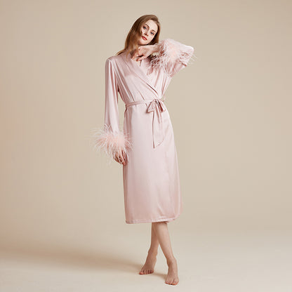 Satin and silky delicate feather cuff patchwork robe