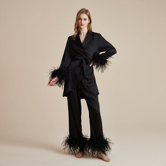 French ice silky detachable feather dressing gown suspender trousers three-piece set