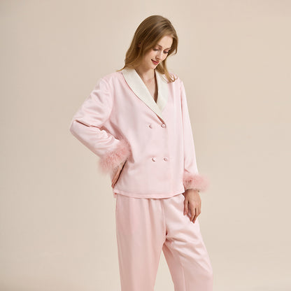 Feather pajamas high-end plus velvet, thickening double-breasted lapel home wear