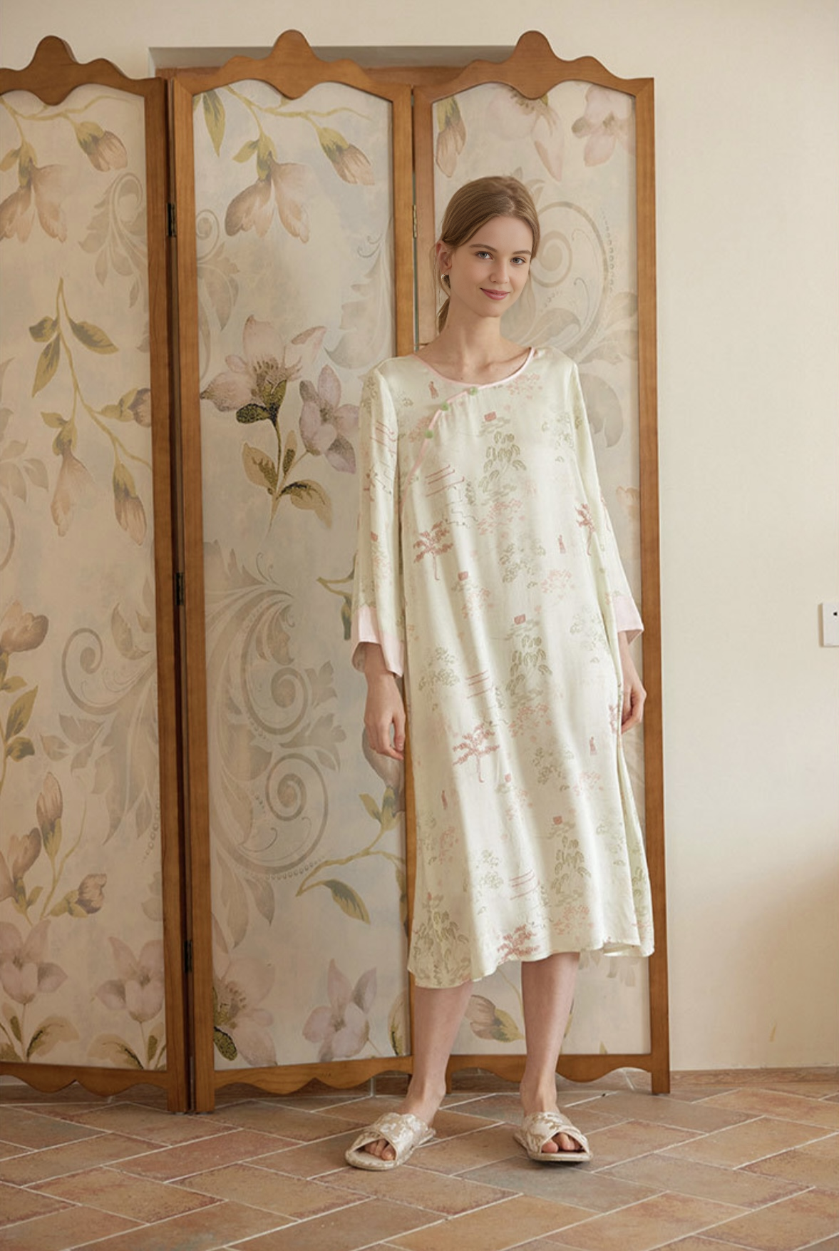 Cheongsam-Style Rayon Sateen Sleep Dress