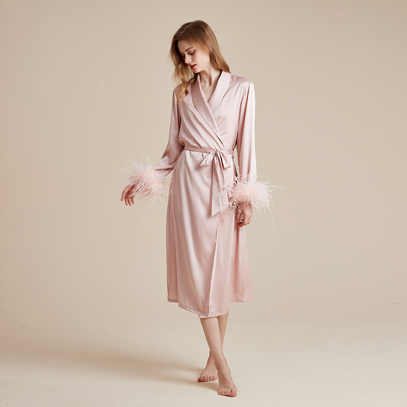 Satin and silky delicate feather cuff patchwork robe