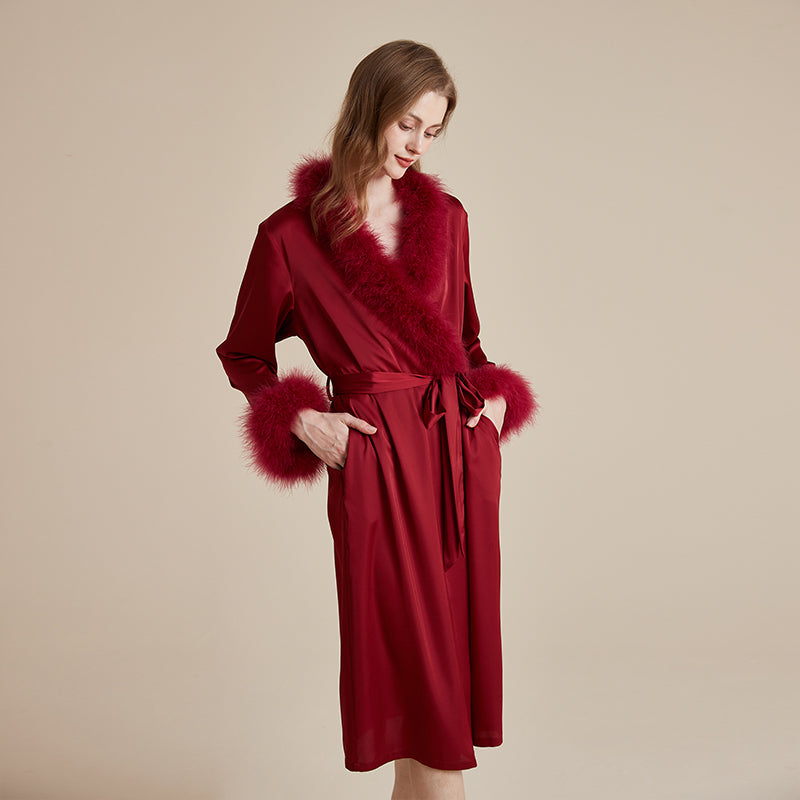 Satin silky premium feather sliver and collar robe