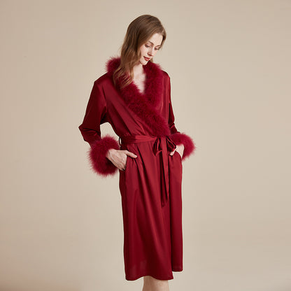 Satin silky premium feather sliver and collar robe
