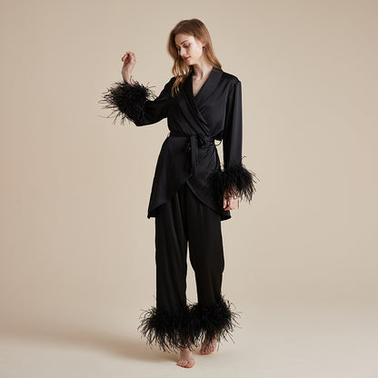 French ice silky detachable feather dressing gown suspender trousers three-piece set