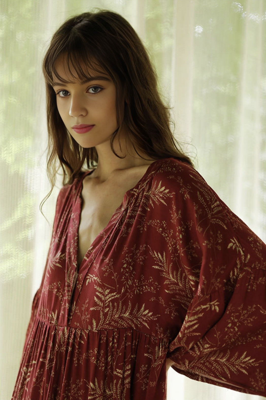 Rayon Sateen Maple Leaf Print Maxi Nightgown