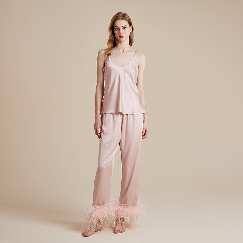 French silky detachable feather dressing gown suspender trousers three-piece set