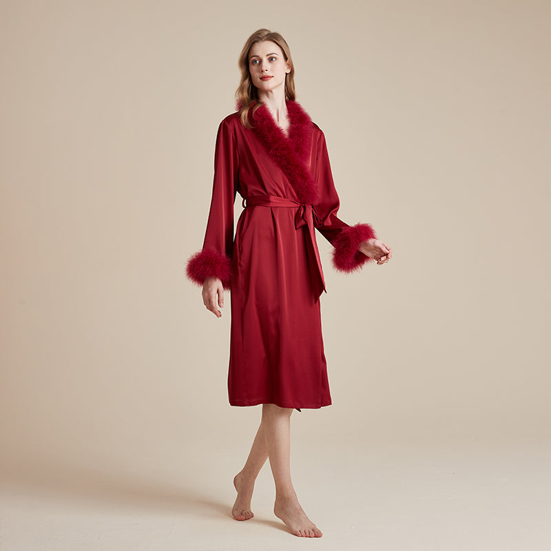 Satin silky premium feather sliver and collar robe