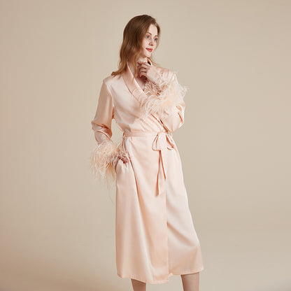 Satin and silky delicate feather cuff patchwork robe