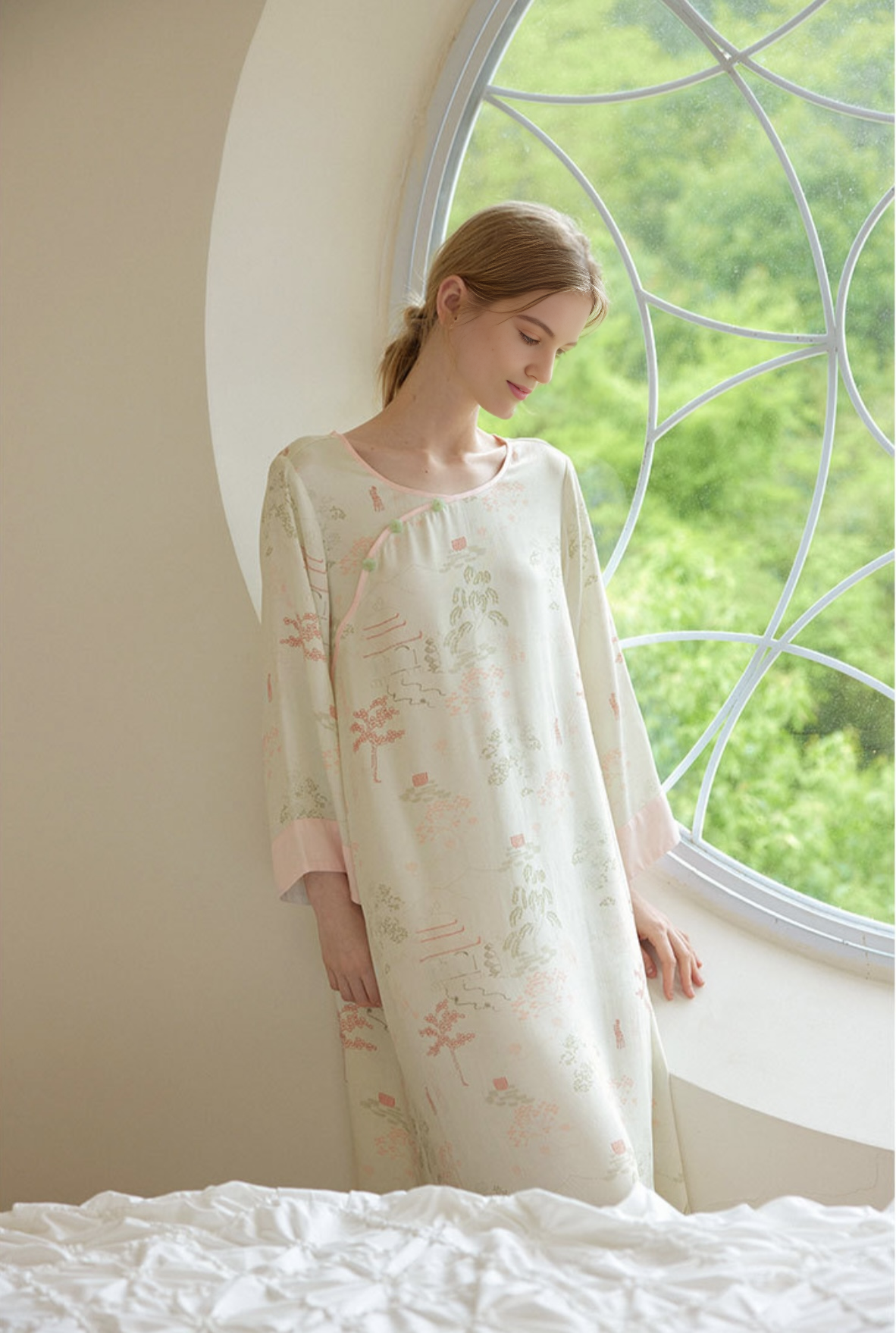 Cheongsam-Style Rayon Sateen Sleep Dress