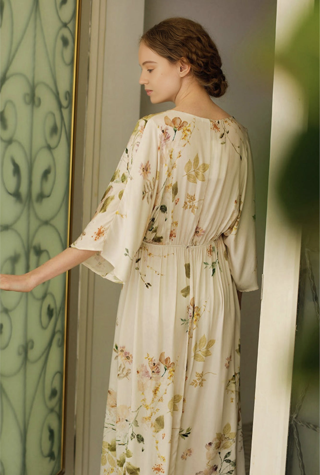 Rayon Sateen Mid-Sleeve Maxi Dress