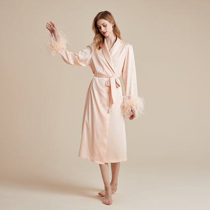 Satin and silky delicate feather cuff patchwork robe