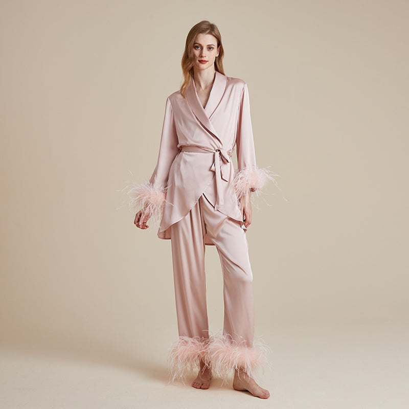 French silky detachable feather dressing gown suspender trousers three-piece set