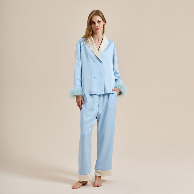 Feather pajamas high-end plus velvet, thickening double-breasted lapel home wear