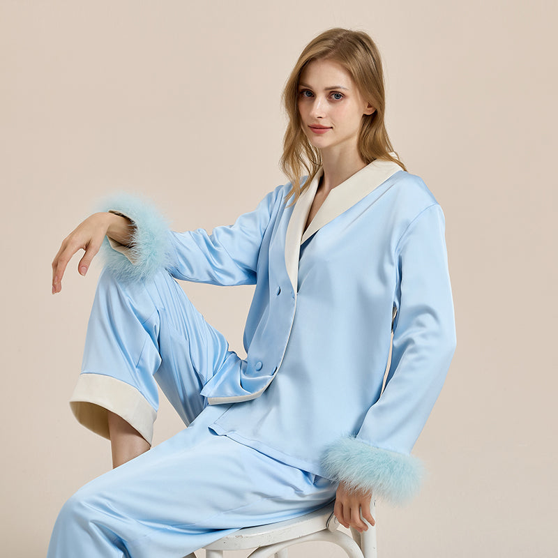 Feather pajamas high-end plus velvet, thickening double-breasted lapel home wear