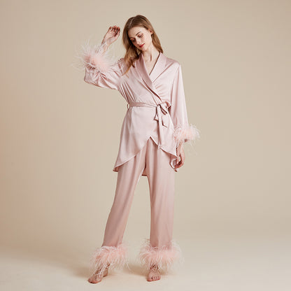 French silky detachable feather dressing gown suspender trousers three-piece set