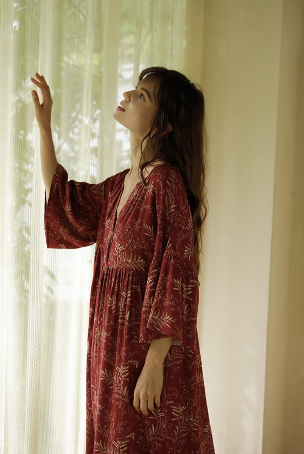 Rayon Sateen Maple Leaf Print Maxi Nightgown