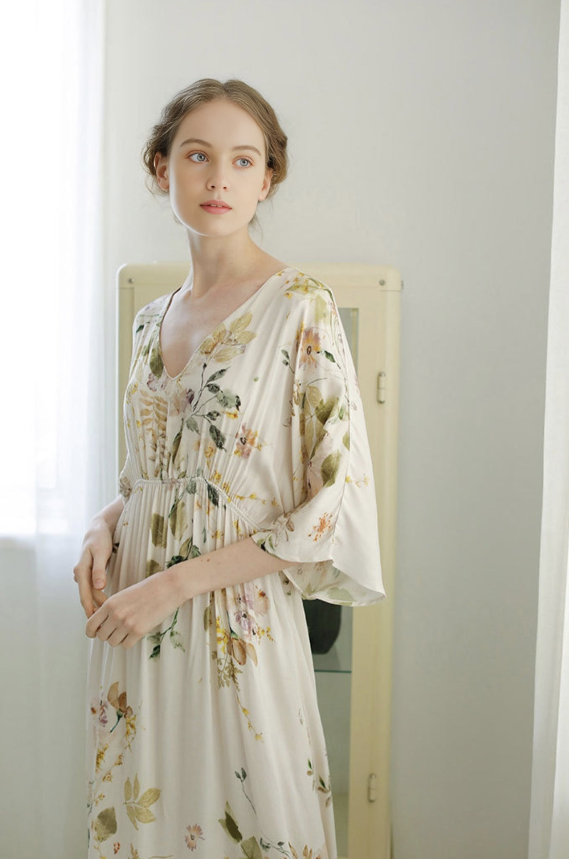 Rayon Sateen Mid-Sleeve Maxi Dress