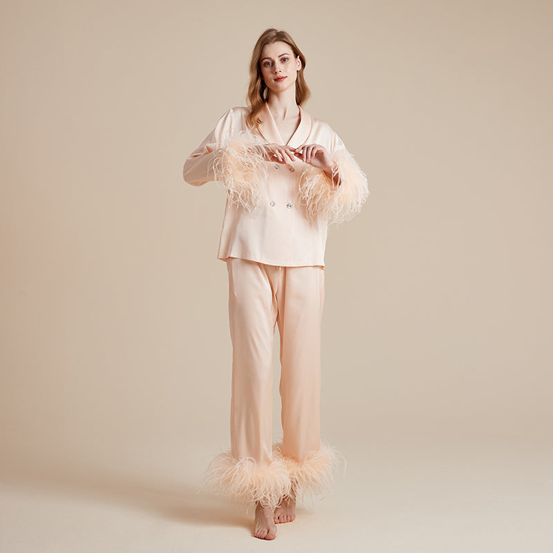 Feather-trimmed pajama set with crystal diamond buttons