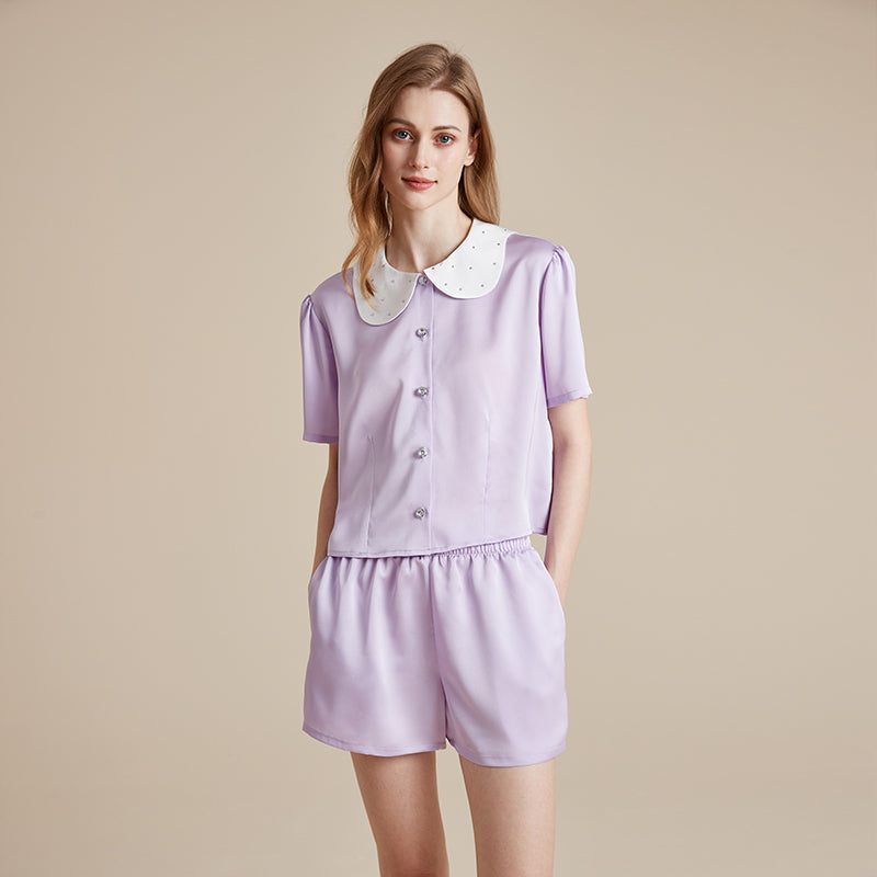 Hot diamond doll collar spring and autumn ice silk shorts pajamas set