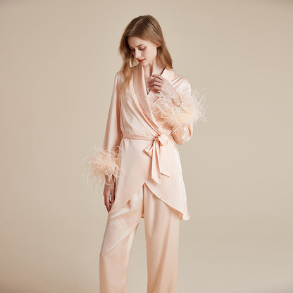 French ice silky detachable feather dressing gown suspender trousers three-piece set