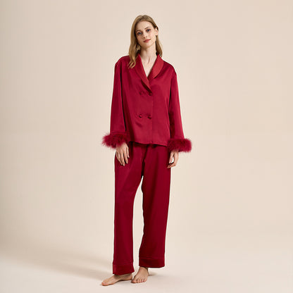 Feather pajamas high-end plus velvet, thickening double-breasted lapel home wear