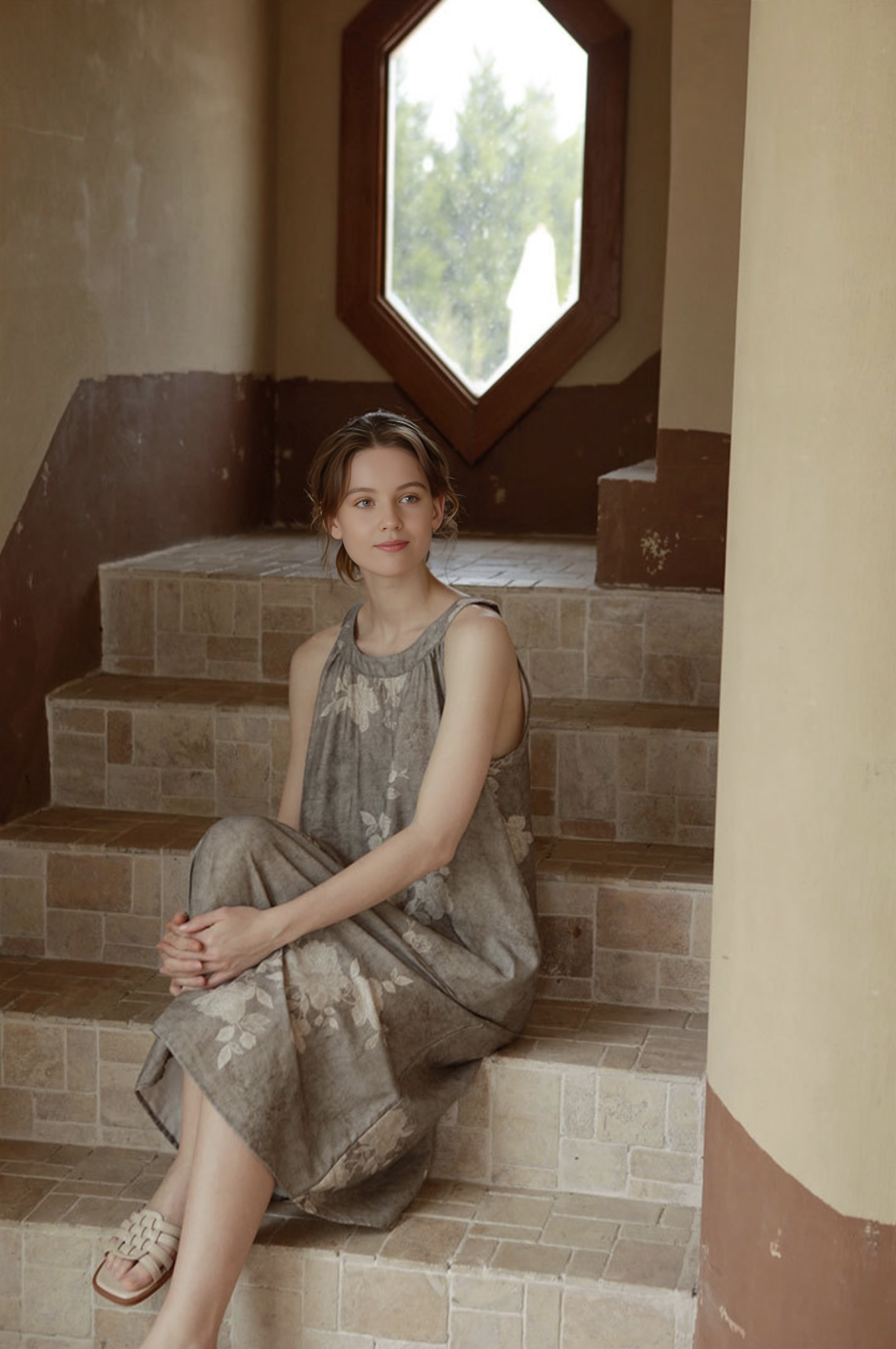 Double-Layer Cotton Gauze Print Midi Nightdress