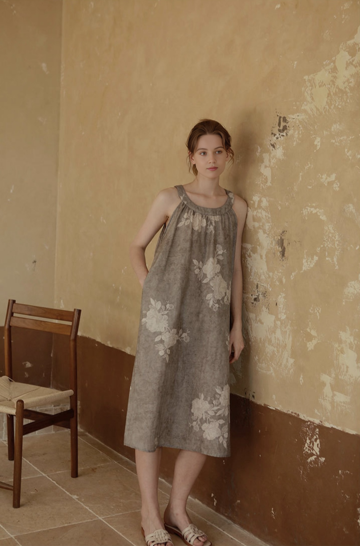 Double-Layer Cotton Gauze Print Midi Nightdress