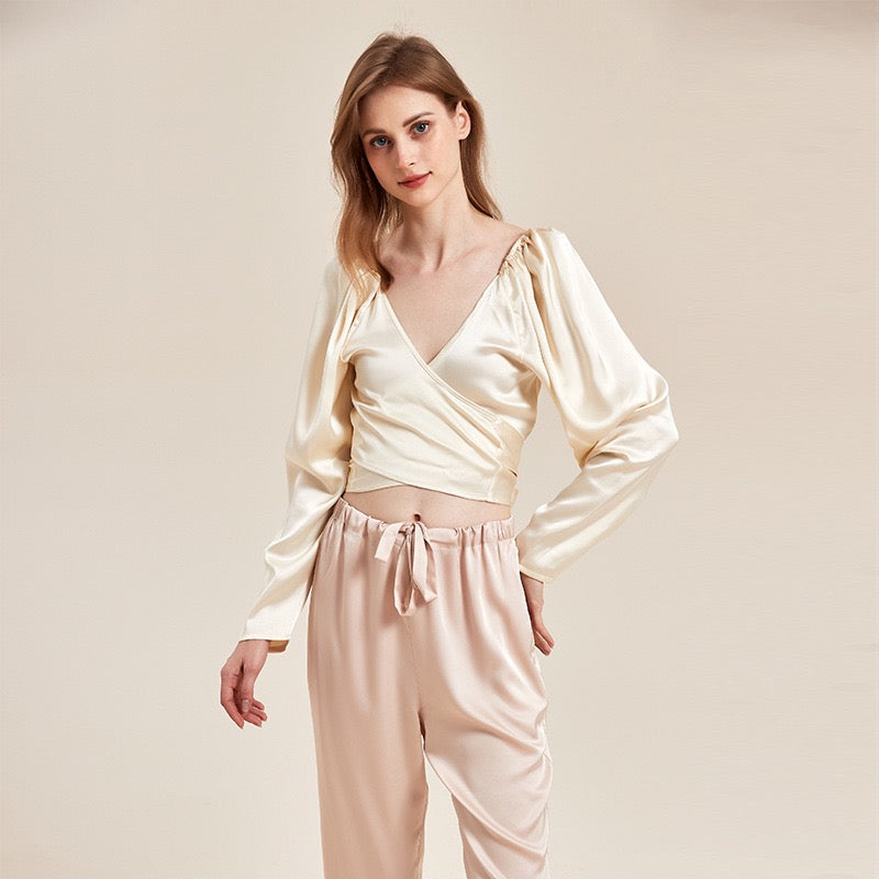 French chic top 2025 new V-neck long-sleeve tie-waist short style high-end satin blouse women's autumn top