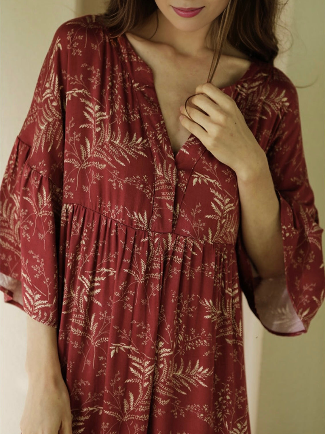 Rayon Sateen Maple Leaf Print Maxi Nightgown